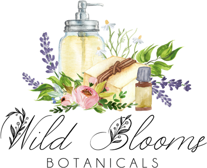 Logo for Wild Blooms Botanicals with lavender floral arrangement and essential oil bottles